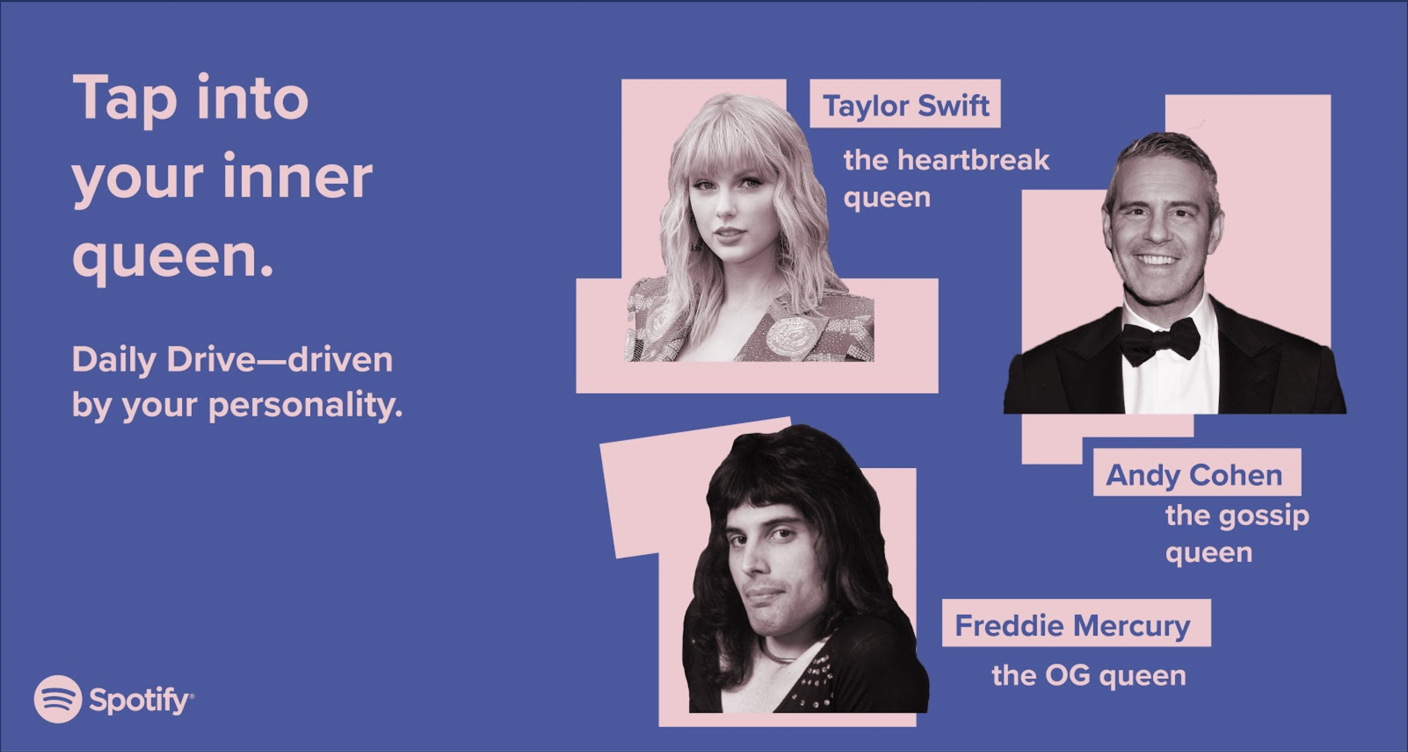 Spotify ad with Taylor Swift, Freddie Mercury, and Andy Cohen